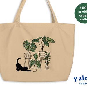 Black Cat and Indoor Plants Large Everyday Tote Bag, Beige | Organic Cotton Sustainable Grocery Bag | Gift for Cat Lovers and Plant Lovers