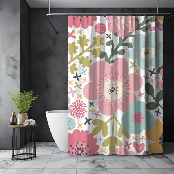 Spring Floral Shower Curtain, Vintage Garden Bath Decor, Pastel Botanical Pattern, Cottagecore, Bathroom Makeover, Farmhouse Bath Curtain