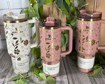 Custom Engraved Stanley 30 or 40 oz Floral Stanley Tumbler Water Bottle, Laser Engraved Flowers, Unique Gift for Women, Genuine Stanley Cup