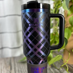 40 oz Custom Engraved Stanley Chroma Cup, Tartan Plaid Quencher Tumbler, Unique Christmas Gift, Etched Rainbow Black Chroma Stanley Tumbler