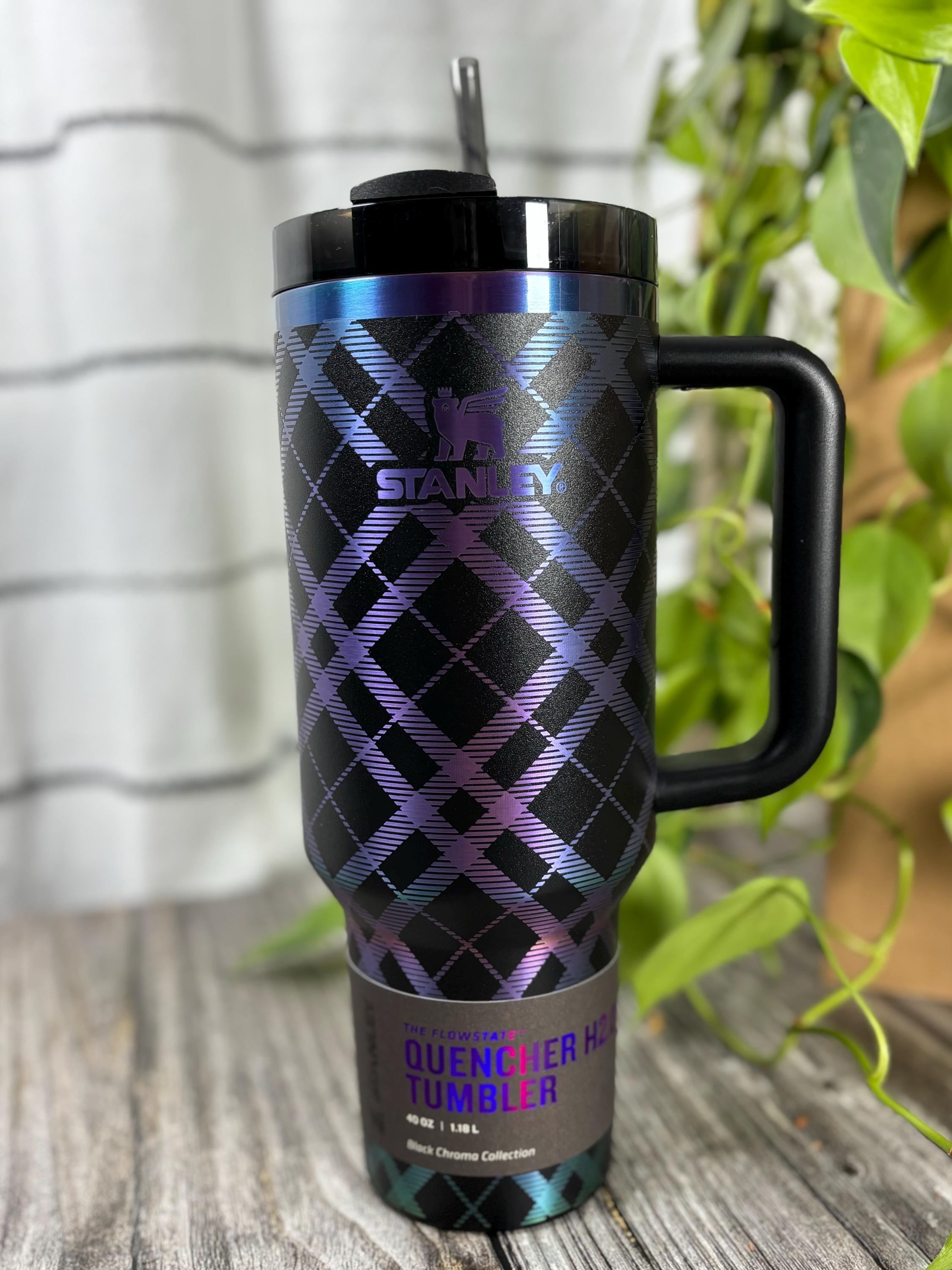 40 oz Custom Engraved Stanley Chroma Cup, Tartan Plaid Quencher Tumbler,  Unique Christmas Gift, Etched Rainbow Black Chroma Stanley Tumbler
