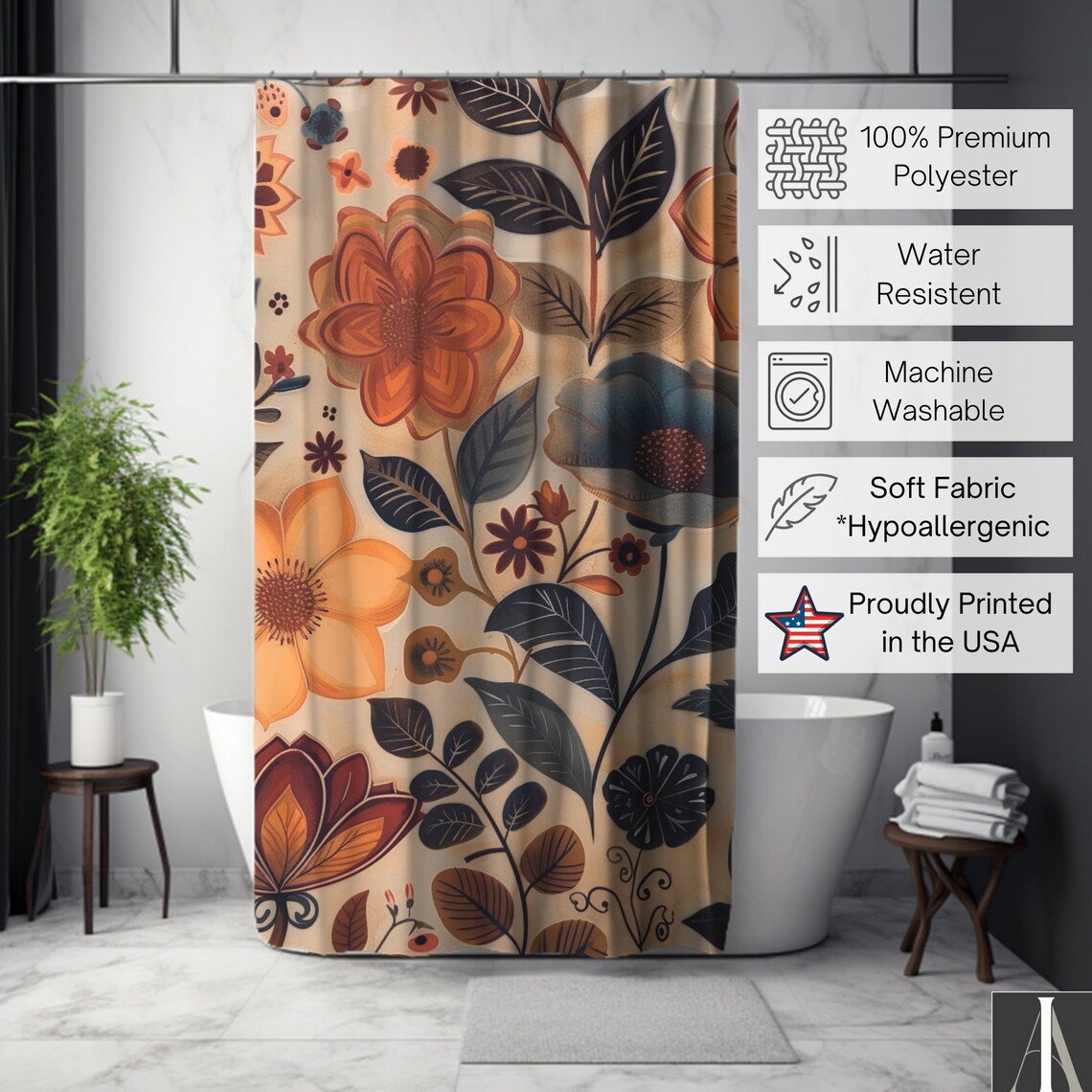 Vintage Floral Shower Curtain, Neutral Bath Decor, Elegant Antique