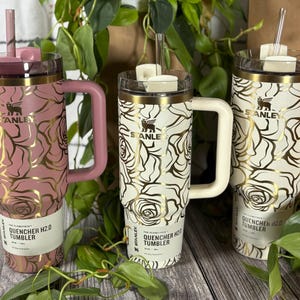 Custom Engraved Stanley 30 or 40 oz Roses, Stanley Tumbler Water Bottle, Laser Engraved Flowers, Unique Gift for Women, Genuine Stanley Cup