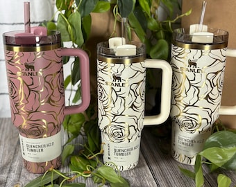 Custom Engraved Stanley 30 or 40 oz Roses, Stanley Tumbler Water Bottle, Laser Engraved Flowers, Unique Gift for Women, Genuine Stanley Cup
