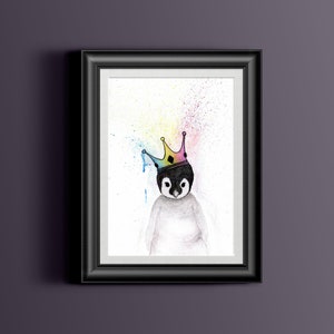 May include: A watercolour painting of a penguin wearing a colourful crown. The penguin is looking directly at the viewer. The background is a white canvas with splashes of colour.
