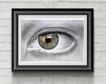 A4 Print of my Original "Eye on the Wall" Pencil Drawing. Art by Mel Wall Art. Gift for Him. Gift for Her. Original Art. Eye. Iris. Prints