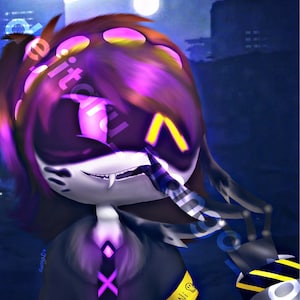 Peut inclure: Illustration numérique d'une personne aux cheveux violets et un masque jaune et noir. La personne porte une veste noire avec un motif en X violet et blanc. La personne tient un badge jaune et noir qui dit "SD-NI-P".