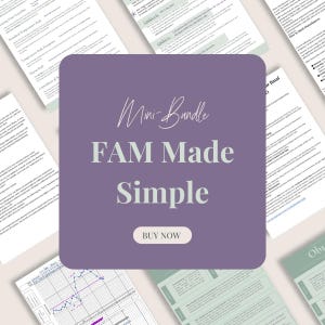 May include: A collection of printed documents and charts, with a central purple square featuring the text "Mini-Bundle FAM Made Simple" and a "Buy Now" button. The surrounding papers have text and graphs.