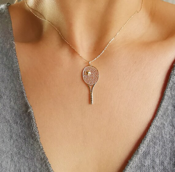 Tennis Racket Necklace 14K Solid Gold 