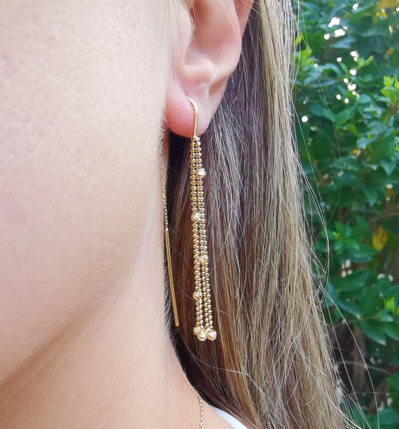 Dangle Ball Earrings Minimalist Thin Long Chain Threader Earrings 14K Solid Gold 
