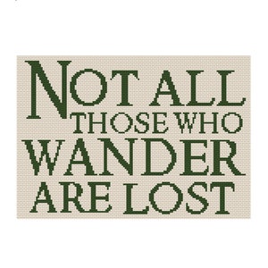 May include: A cross-stitch design featuring the quote "Not all those who wander are lost" in dark green lettering on a beige background.