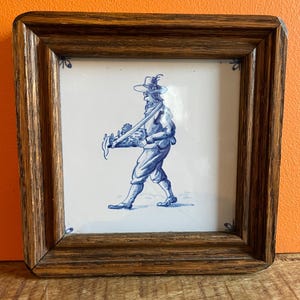 Vintage Hand Painted Delft Blue Tile Framed Dutch Ceramic Art | Traditional 17th-Century Style Scene Salesman