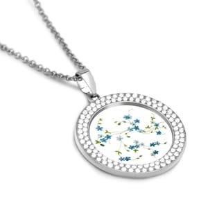 Silver Pendant Necklace with Arcopal France Myosotis Pattern – Vintage-Inspired JewelryArcopal Veronica Forget-Me-Nots Arcopal