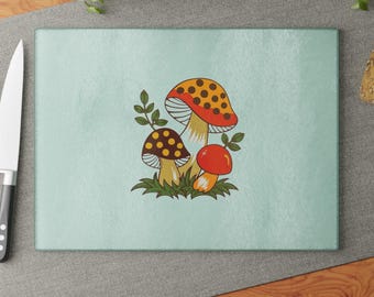 Vintage Sears Merry Mushroom skärbräda i glas – 70-tals köksinredning