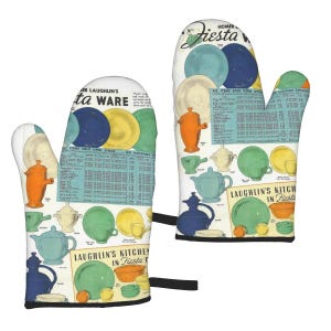 May include: A pair of oven mitts with a vintage design featuring a colorful pattern of Fiestaware dishes, including plates, bowls, and pitchers. The mitts are white with black trim and feature the text "Laughlin's Kitchen in Fiesta" and "All Items Sold Open Stock No Package Charge".