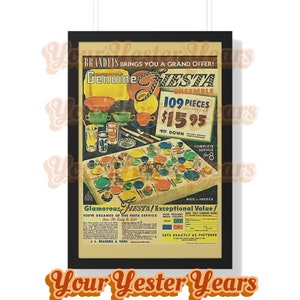 Fiestaware Reproduction Vintage Fiesta Ware Repro Framed Vertical Poster. Fiestaware Advertisement Vintage Kitchen Collectors Item