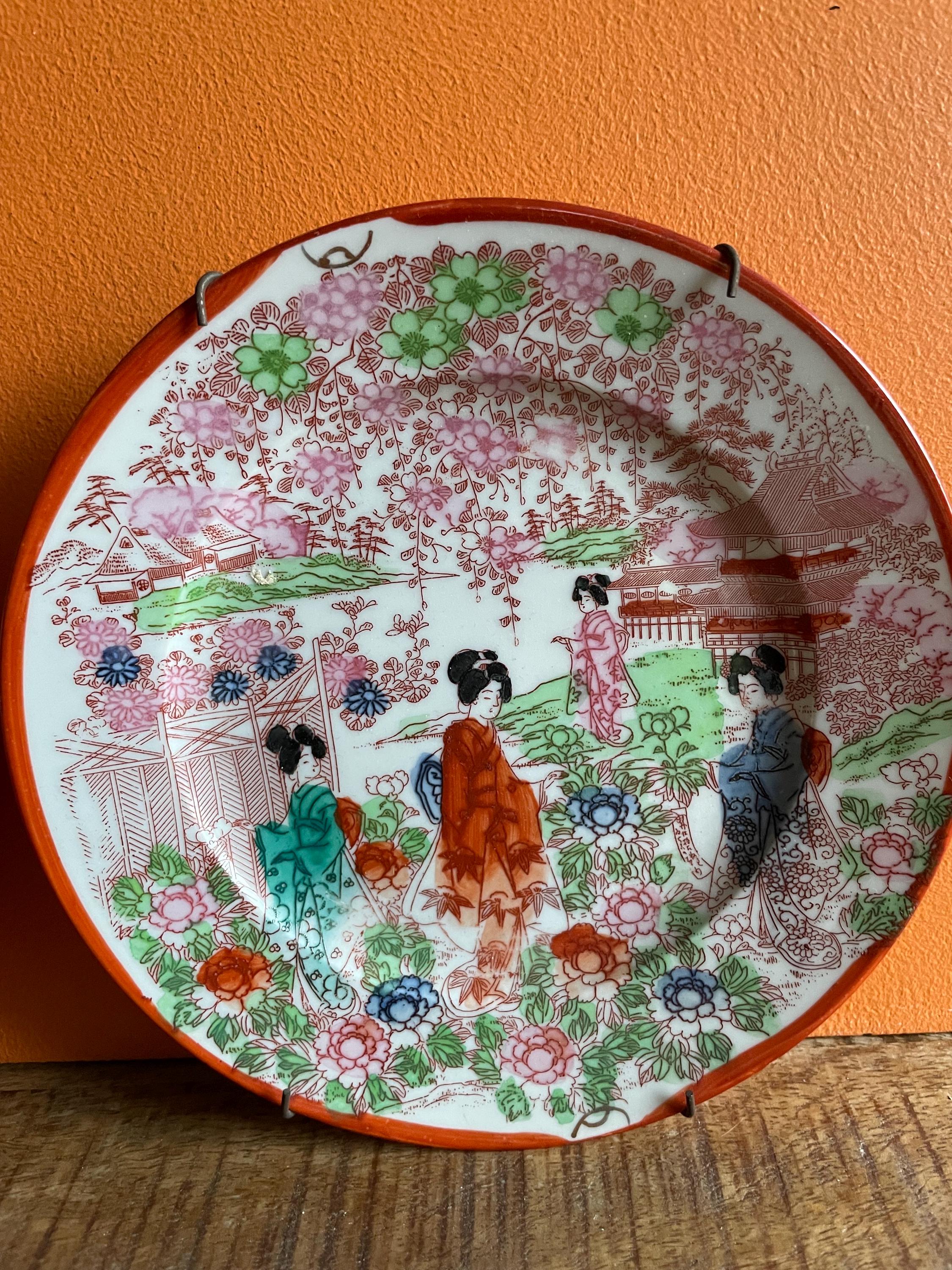 古い清水焼の色絵扇面形皿5客古箱入 古い清水焼の色絵扇面形皿5客古箱