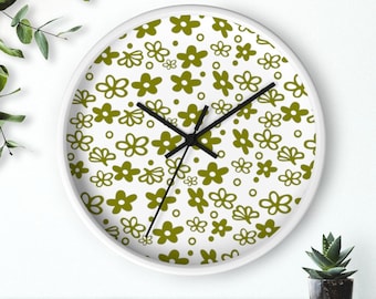 Crazy Daisy Wall Clock, Vintage Green Floral Kitchen Decor