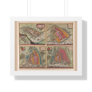 Quatre cartes d'Amsterdam (1400-1612) - La croissance de la ville historique est représentée avec des détails époustouflants, affiche horizontale encadrée. Patrimoine néerlandais d'Amsterdam