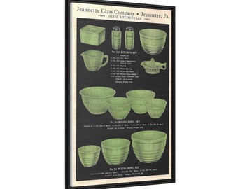 Vintage Jadeite Fire-King 1933 Advertisement Canvas Print - Eco-Friendly Framed Art. Jade-Ite advert Jeannette Glass Reproduction