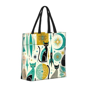 Mid-Century Atomic Cat Umhängetasche - Perfekt für Retro-Liebhaber und Katzenbegeisterte Große Schultertasche mit Reißverschluss
