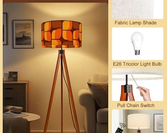 Retro 70s Tripod Floor Lamp with Brown Orange Yellow Geometric Pattern, Mid Century Modern Psychedelic Lighting