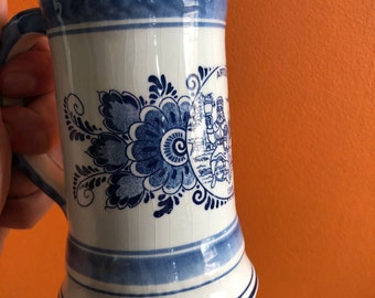 Vintage Delft Blue Beer Tankard, Dutch Porcelain Stein