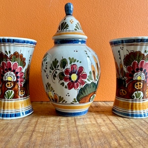 Hand-Painted 70s Delft Polychrome Pottery Set - Miniature Delftware Vases & Lidded Jar, Colorful Dutch Floral Design, Collectible Decor