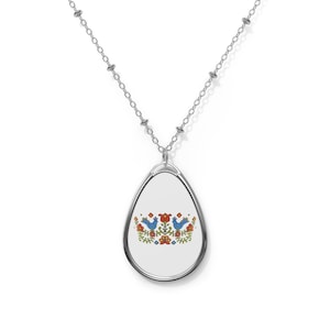Vintage Corningware Country Festival Inspired Ellipse Necklace | Vintage Corningware Pattern Pendant | Retro Chic Jewelry Oval Necklace