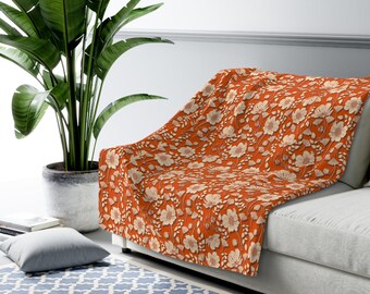 Coperta in pile Sherpa floreale retrò anni '70 – Orange Flower Power