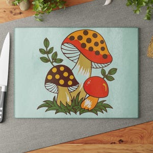 Vintage Sears Merry Mushroom Inspired 70s Cutting Board - Iconic 1970s Mushroom Decor - Farmhouse Kitchen Vegetables Pattern Gift For Her