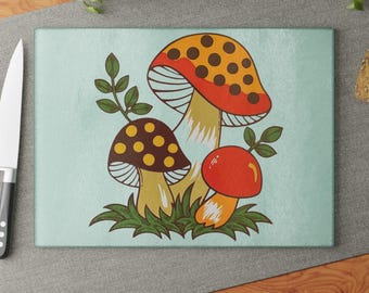 Vintage Sears Merry Mushroom skärbräda i glas - 70-tals köksinredning
