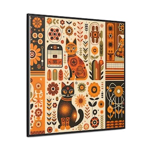 Whimsical Atomic Cats Canvas Print - Warm Mid-Century Modern Decor - Charming Pet-Inspired Wall Art Gallery Canvas Wraps, Square Frame