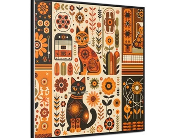 May include: A framed art print featuring a colorful, geometric design with cats, flowers, and abstract shapes in orange, black, and cream. The artwork has a retro, mid-century modern style, perfect for adding a touch of whimsy to any room.