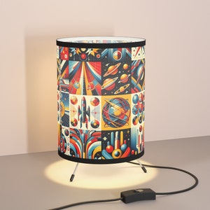 Retro Space Age Tripod Lamp - Custom-Printed Shade with Galactic Design for Home Decor Tripod Lamp with High-Res Printed Shade, US\CA plug