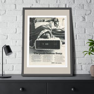 Sony Digimatic Push-Button Clock Radio Poster 1970s Vintage Sony Alarm Clock Advert Reproduction | Framed Retro Wall Art Vintage Electronics