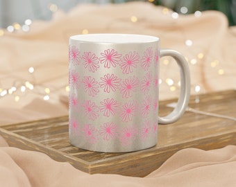 Pink Daisy Metallic Mug, 70s Style Ceramic