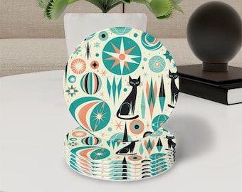Atomic Cat Starburst Coasters – Mid Century Modern Drinkware, Set of 6