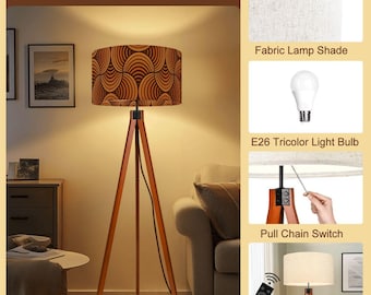 May include: A wooden tripod floor lamp with a patterned lampshade. The lampshade has a brown and orange geometric design. The lamp includes an E26 tricolor light bulb, a pull chain switch, and a remote control. The text "Product Details" is at the top.