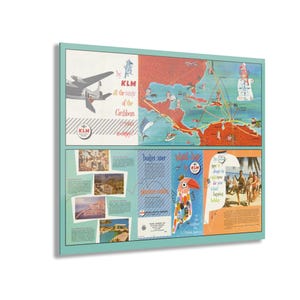 1958-1959 KLM Karibik Route Map Acrylbild | Vintage Reisebroschüre Kunst | Mid-Century Airline Decor Aruba Curacao KLM Sammlerstück