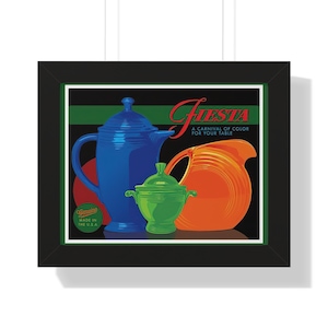 Vintage Fiesta Ware Advertisement Poster Reproduction - Colorful Ceramic Bowls & Plates | Retro Fiesta, Homer Laughlin China | Gifts for Her