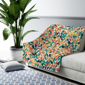 Mid Century Modern Retro Blanket, Scandinavian Modern Danish Geometric Design, Green, Brown, Beige, Yellow, Teal, MCM Home Decor