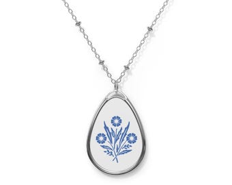 Blue Cornflower Pendant Necklace, Vintage Inspired Oval Brass Charm