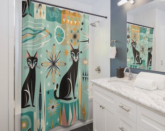 Atomic Cat Shower Curtain | Retro Space Age Bathroom Decor