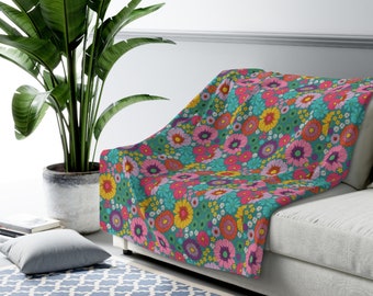 70s Retro Flower Power Fleece Blanket – Sherpa Throw