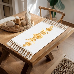 Vintage-Inspired Table Mat with Pyrex Corelle Butterfly Gold Pattern – Polyester with Tassels Gift For Mom - Gift For Her