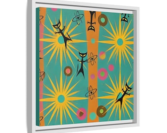 Atomic Cat Canvas Art, Mid-Century Modern Starburst Pattern, Framed