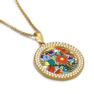 Gold Pendant Necklace with Villeroy & Boch Acapulco Septfontaines Colorful Birds Pattern – Vintage-Inspired Jewelry