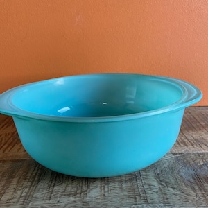 May include: A turquoise blue mixing bowl with a rounded bottom and a slightly flared rim.