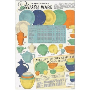 Puede incluir: Un anuncio vintage de vajilla Fiesta Ware de Homer Laughlin. El anuncio presenta una variedad de platos coloridos, incluyendo tazones, platos, tazas y una tetera. El texto del anuncio dice "Homer Laughlin's Fiesta Ware" y "Laughlin's Kitchen Kraft Ware in Fiesta Colors".